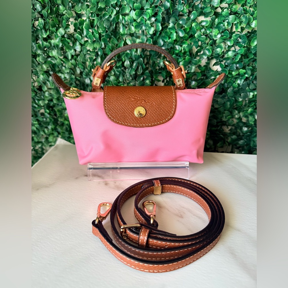 Longchamp Le Pliage Mini Top-Handle Bag in Pink with Brown Trim